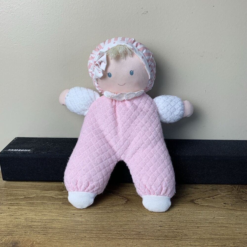 Eden 2003 Terry Cloth Pink White Doll Blue Eyes Bonnet Lace Soft Plush 10” HTF
